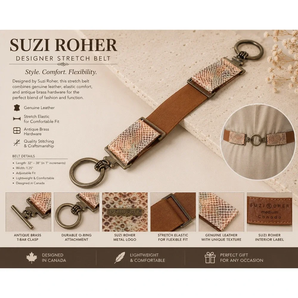 Suzi Roher Snakeskin Embossed Elastic Toggle Belt Brown Brass‎ Medium Canada